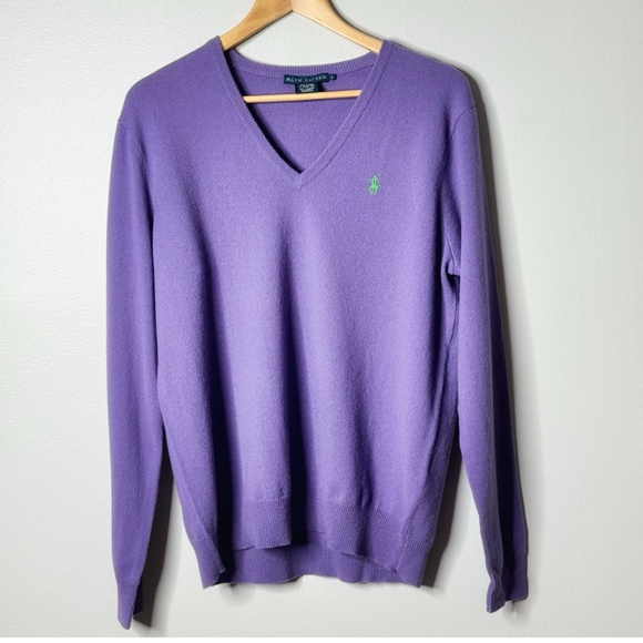 Ralph Lauren Cashmere Sweater V- Neck Purple Banded Bottom Size Large - Picture 14 of 14